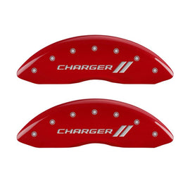 MGP 4 Caliper Covers Engraved Front & Rear With stripes/Charger Red finish silver ch