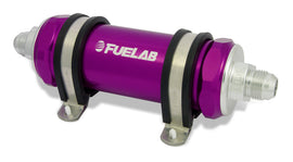 Fuelab 858 In-Line Fuel Filter Long -6AN In/-8AN Out 100 Micron Stainless w/Check Valve - Purple