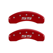 Carregar imagem no visualizador da galeria, MGP 4 Caliper Covers Engraved Front &amp; Rear Silverado style/SS Red finish silver ch