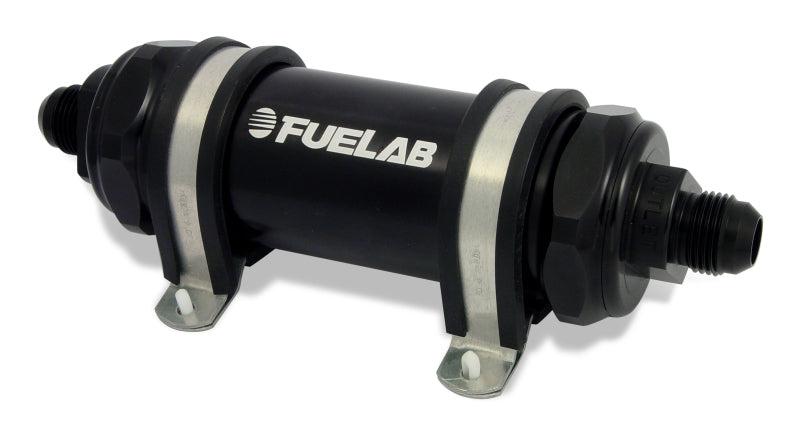 Fuelab 858 In-Line Fuel Filter Long -8AN In/-10AN Out 100 Micron Stainless w/Check Valve - Black