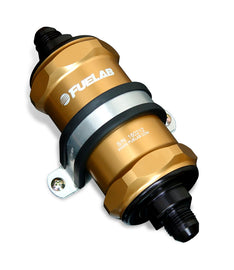Fuelab 818 In-Line Fuel Filter Standard -8AN In/-10AN Out 40 Micron Stainless - Gold
