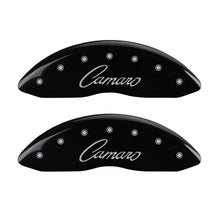 Carregar imagem no visualizador da galeria, MGP 4 Caliper Covers Engraved Front &amp; Rear Cursive/Camaro Black finish silver ch