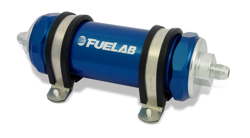 Fuelab 858 In-Line Fuel Filter Long -6AN In/-8AN Out 40 Micron Stainless w/Check Valve - Blue