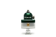 Carregar imagem no visualizador da galeria, Fuelab 575 High Pressure Adjustable Mini FPR Blocking 25-65 PSI (1) -6AN In (2) -6AN Out - Green