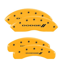 Carregar imagem no visualizador da galeria, MGP 4 Caliper Covers Engrvd Front Block/Challenger Engrvd Rear Vintage Style/RT Yellow fnsh Blk ch