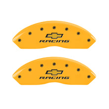 Carregar imagem no visualizador da galeria, MGP 4 Caliper Covers Engraved F &amp; R Chevy Racing Yellow Finish Black Char 2017 Chevrolet Camaro