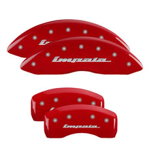 Carregar imagem no visualizador da galeria, MGP 4 Caliper Covers Engraved Front &amp; Rear Impala Red finish silver ch