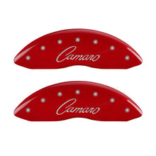 Carregar imagem no visualizador da galeria, MGP 4 Caliper Covers Engraved Front &amp; Rear Cursive/Camaro Red finish silver ch