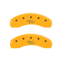 Carregar imagem no visualizador da galeria, MGP 4 Caliper Covers Engrvd Front Block/Challenger Engrvd Rear Vintage Style/RT Yellow fnsh Blk ch