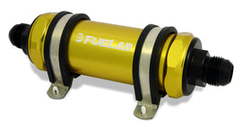 Fuelab 828 In-Line Fuel Filter Long -10AN In/-6AN Out 10 Micron Fabric - Gold