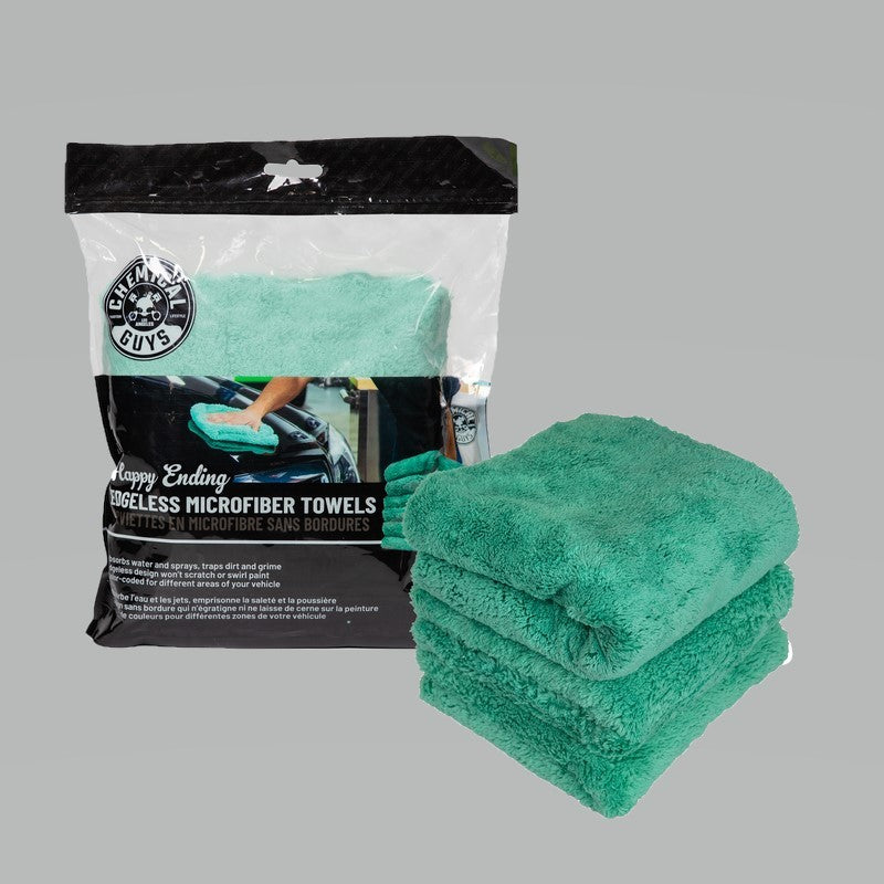 Chemical Guys Happy Ending Ultra Edgeless Microfiber Towel - 16in x 16in - Green - 3 Pack (P16)