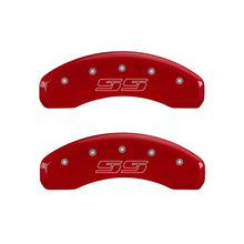 Carregar imagem no visualizador da galeria, MGP 4 Caliper Covers Engraved Front &amp; Rear Avalanche style/SS Red finish silver ch