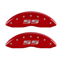 Carregar imagem no visualizador da galeria, MGP 4 Caliper Covers Engraved Front &amp; Rear Silverado style/SS Red finish silver ch