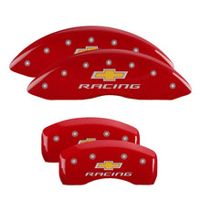 Carregar imagem no visualizador da galeria, MGP 4 Caliper Covers Engraved Front &amp; Rear Chevy racing Red finish silver ch