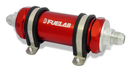 Fuelab 858 In-Line Fuel Filter Long -12AN In/-8AN Out 100 Micron Stainless w/Check Valve - Red