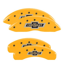 Carregar imagem no visualizador da galeria, MGP 4 Caliper Covers Engraved Front &amp; Rear Chevrolet 100 Anniversary Logo Yellow Finish Black Charac