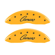 Carregar imagem no visualizador da galeria, MGP 4 Caliper Covers Engraved Front &amp; Rear Cursive/Camaro Yellow finish black ch