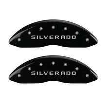 Carregar imagem no visualizador da galeria, MGP 4 Caliper Covers Engraved Front &amp; Rear Silverado Black finish silver ch