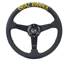 Carregar imagem no visualizador da galeria, NRG Sport Steering Wheel (350mm / 1.5in Deep) Black Leather/Gold Stitch w/Matte Black Solid Spokes