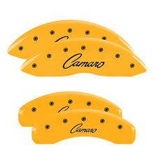 Carregar imagem no visualizador da galeria, MGP 4 Caliper Covers Engraved Front &amp; Rear Cursive/Camaro Yellow finish black ch