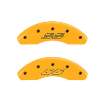 Carregar imagem no visualizador da galeria, MGP 4 Caliper Covers Engraved Front &amp; Rear Impala Style/Ss Yellow Finish Blk Char 2000 Chevy Impala
