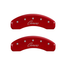 Carregar imagem no visualizador da galeria, MGP 4 Caliper Covers Engraved Front &amp; Rear Cursive/Camaro Red finish silver ch